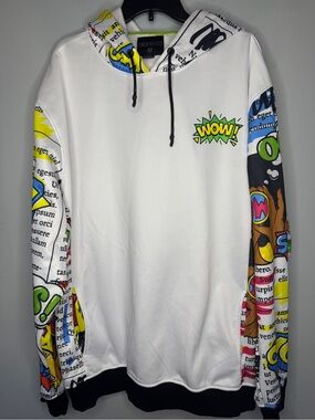Encrypted 'WOW!' Graphic Hoodie with Comic Print Sleeves Size 5XL
